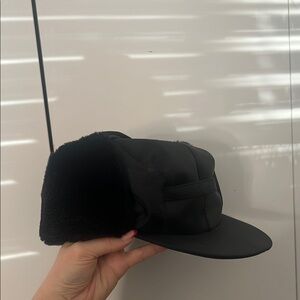 Black Fur-Lined Cap winter cozy structured cap foldover button top